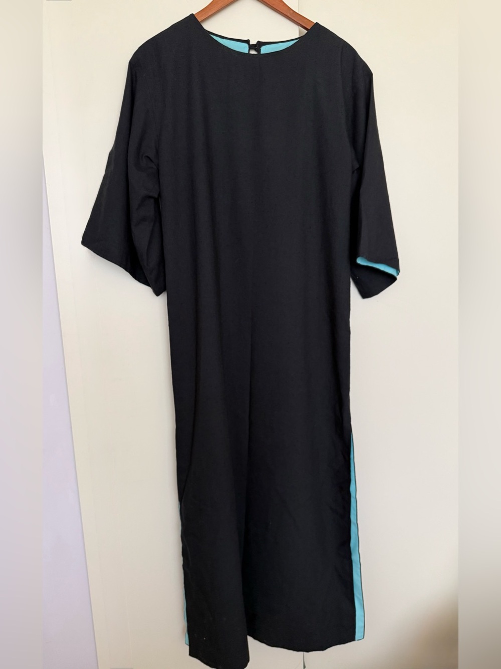 Vintage Black Handmade Kimono Kaftan Maxi Dress Satin Turquoise Lined M/L Tunic